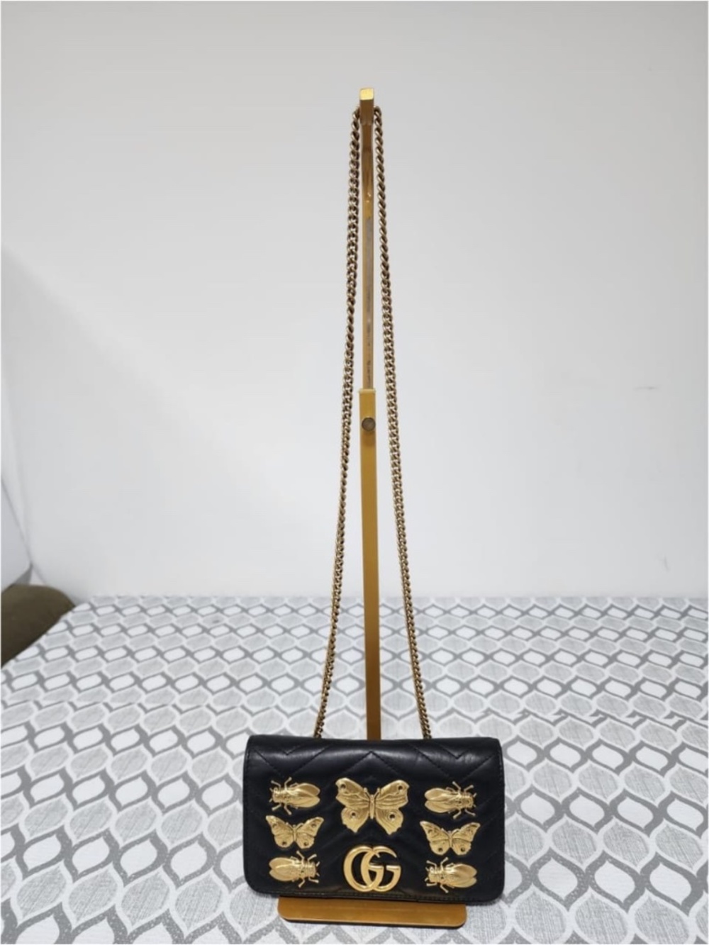 Authentic Gucci Mini GG Marmont Bug Wallet on Chain Black